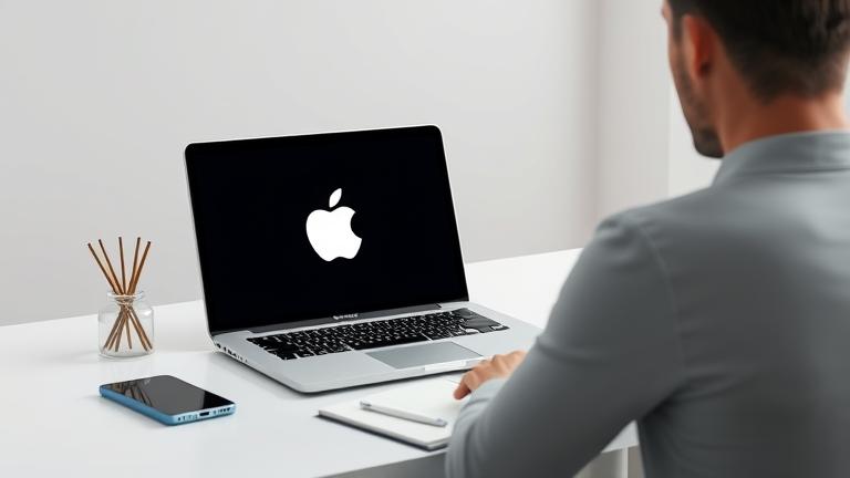alt_text: Person at modern desk with Apple laptop, smartphone, notepad, coffee in sleek workspace.