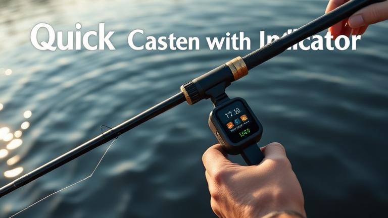 alt_text: Person fishing with a digital indicator showing casting status near calm water.
