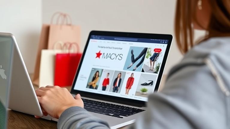 alt_text: Confident person using Macy's app on device, with shopping bags, highlighting digital shopping.