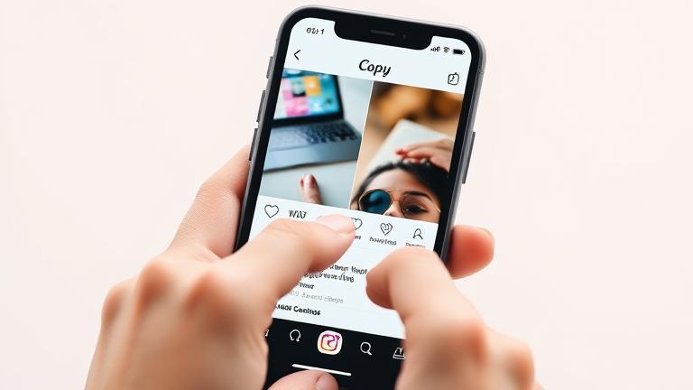 alt_text: User copies Instagram content on phone; finger taps "Copy" with clipboard icon visible.