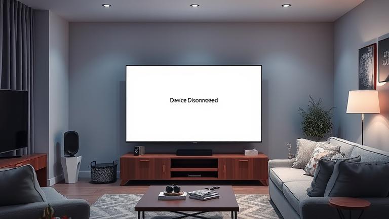 alt_text: Modern living room with a person troubleshooting an LG TV showing "Device Disconnected."