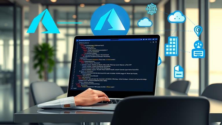 alt_text: IT admin working on PowerShell commands for Azure NSGs in a sleek, modern office setup.