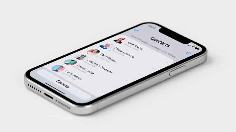 alt_text: iPhone contacts app with multiple contacts selected and delete prompt on a clean background.