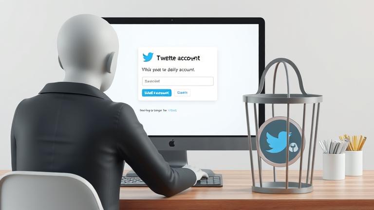 alt_text: User deleting Twitter account with confirmation, fading logo and crossed-out bin signify permanence.
