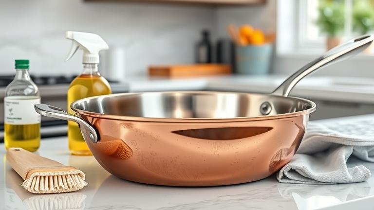 alt_text: Shiny copper pan with cleaning tools on a modern kitchen counter, ready for cleaning.
