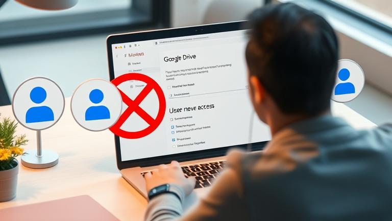 alt_text: Person using Google Drive on laptop, blocking a user with security icons in a modern workspace.