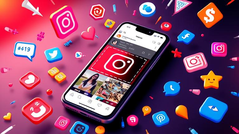 alt_text: Smartphone showing Instagram reel, surrounded by icons, hashtags, likes for viral tips.