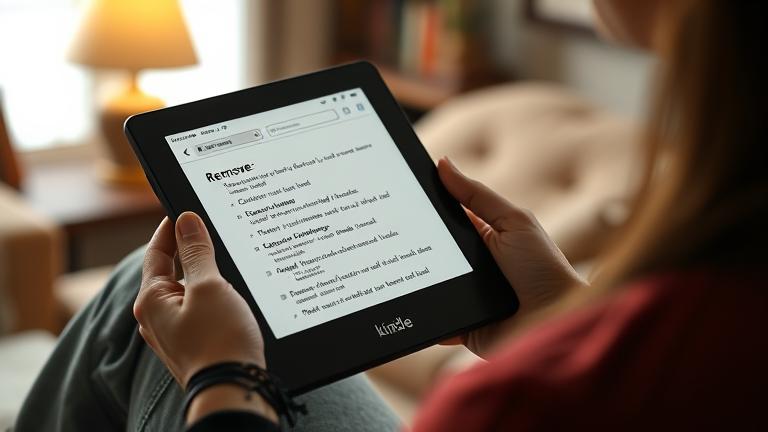 alt_text: Person holding Kindle, managing ebooks in a cozy home setting.