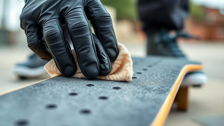 alt_text: Skateboarder's gloved hand cleaning grip tape with cloth in an urban skate park setting.