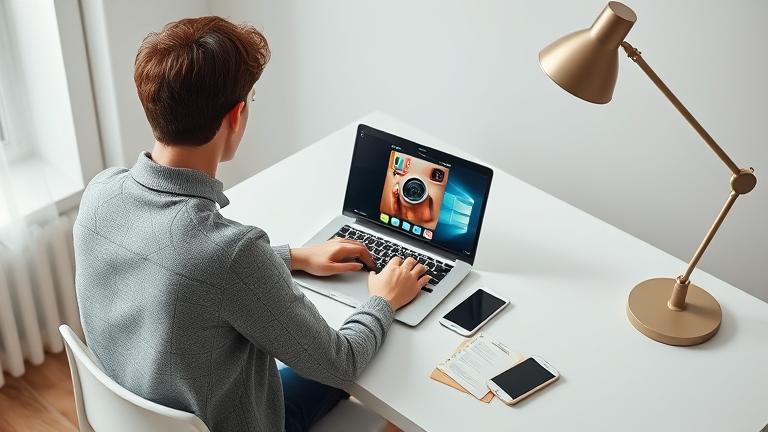 alt_text: Person at modern desk with laptop showing Instagram, nostalgic items hint at reconnecting.