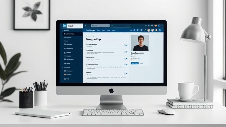 alt_text: Professional workspace with computer showing LinkedIn privacy settings, emphasizing discretion.