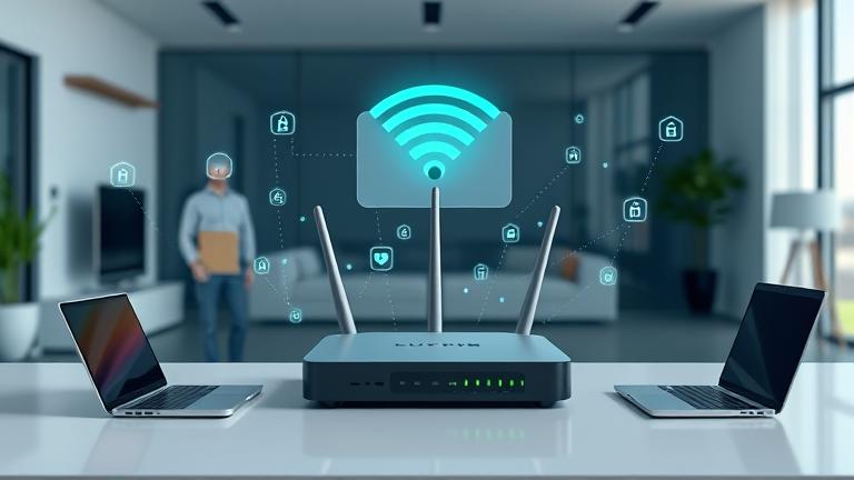 alt_text: Modern home with a Wi-Fi router, floating data streams, and connected devices showcasing VPN security.