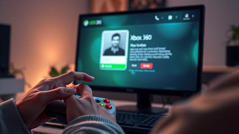 Alt_text: Person accessing Xbox 360 profile on a cozy gaming setup with controller and on-screen prompts.