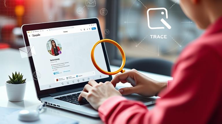 alt_text: Person using laptop with Instagram interface, tools like magnifying glass and GPS for tracing fake accounts.