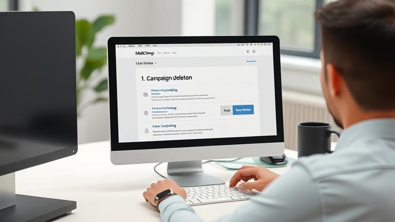 alt_text: Person deletes a Mailchimp campaign on screen with cursor clicking "Delete" in a professional workspace.