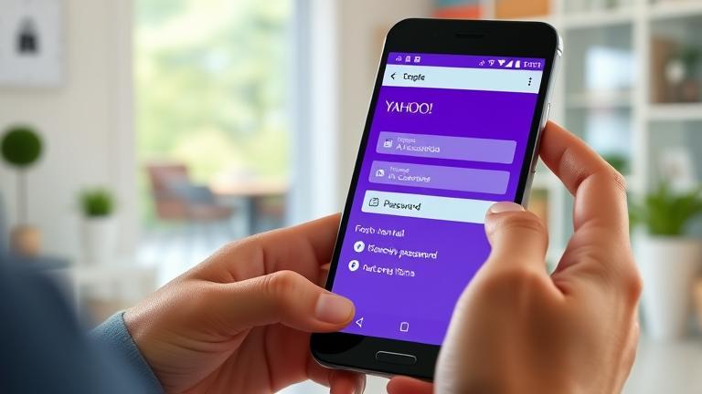 alt_text: Person using Android phone with Yahoo app, showing account settings and password icons.