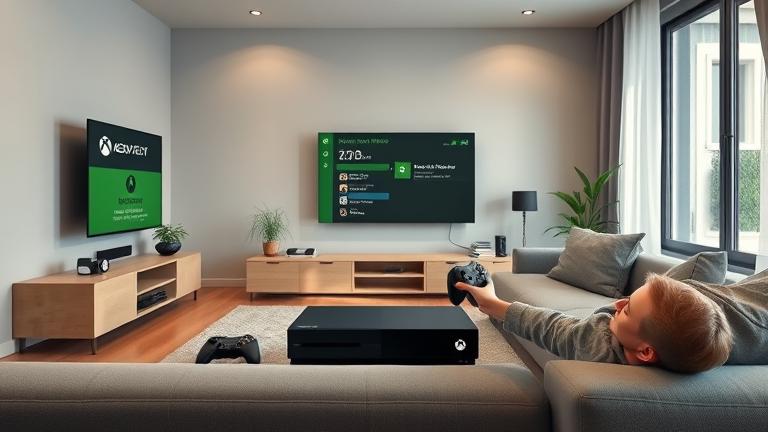 alt_text: Person setting up a new Xbox in a modern living room with controllers and on-screen setup menus.