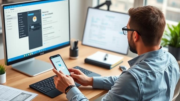 alt_text: Person at modern desk managing Venmo on phone; hints of privacy and account control.