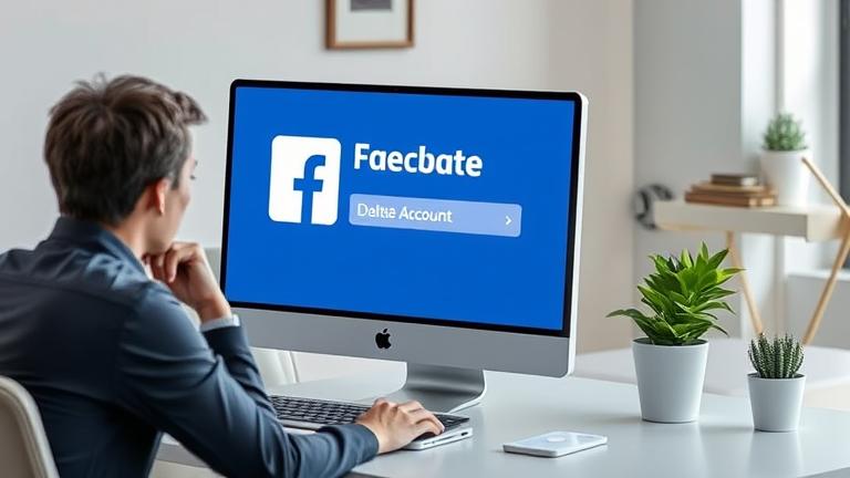 alt_text: Person at desk viewing Facebook delete option, symbolizing account deactivation.