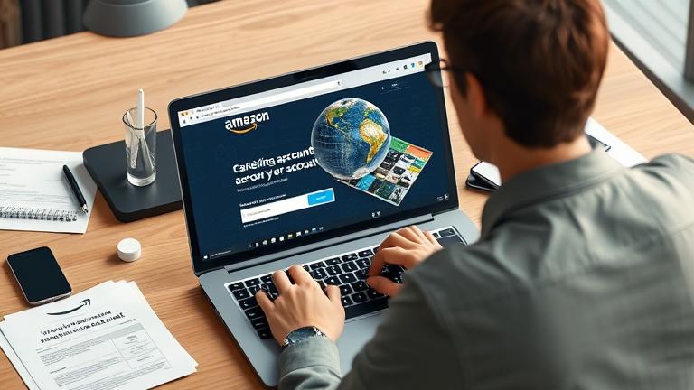 alt_text: Person at desk managing Amazon account on laptop, with notes and phone nearby.