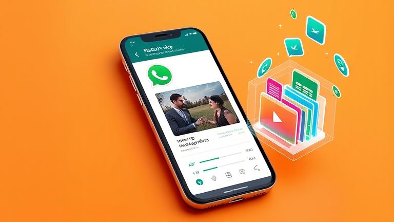 alt_text: Smartphone screen shows WhatsApp chat with video thumbnail, repair tools and progress bar.
