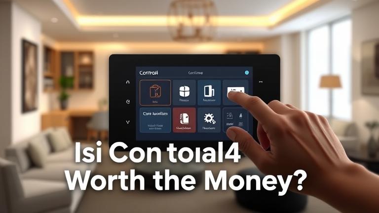 alt_text: Smart home control panel in modern living room, prompting "Is Control4 Worth the Money?"