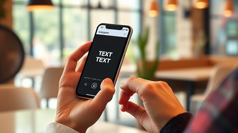 alt_text: Person posting on Instagram with futuristic AR overlays in a trendy, bright setting.