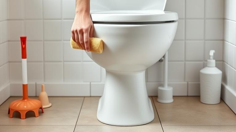 alt_text: Close-up of a person cleaning around a toilet's base in a bright, tidy bathroom.