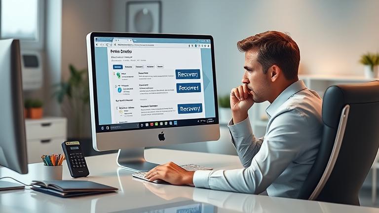 alt_text: Professional reviews email inbox with recovery options in a neat office setting.