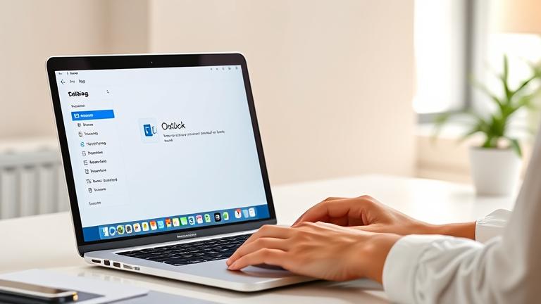 alt_text: Person managing MacBook Air, closing Outlook app amid a sleek, bright workspace.