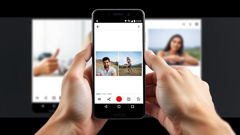 alt_text: User holding Android phone with split-screen showing two photos side by side in gallery app.