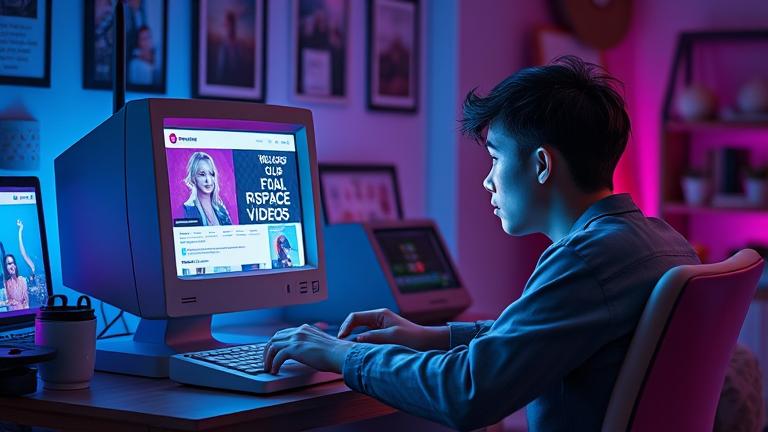 alt_text: Person at vintage computer revisiting old social media, nostalgic colors and icons.