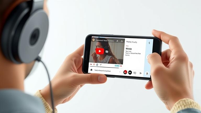 alt_text: Person downloads YouTube audio on iPhone with headphones and music icons in a sleek setting.