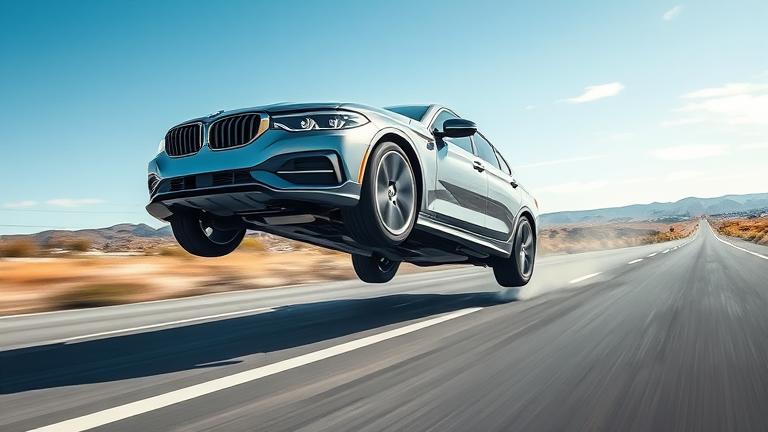 A sleek car mid-air, bouncing dynamically with motion blur on a scenic road or urban street.