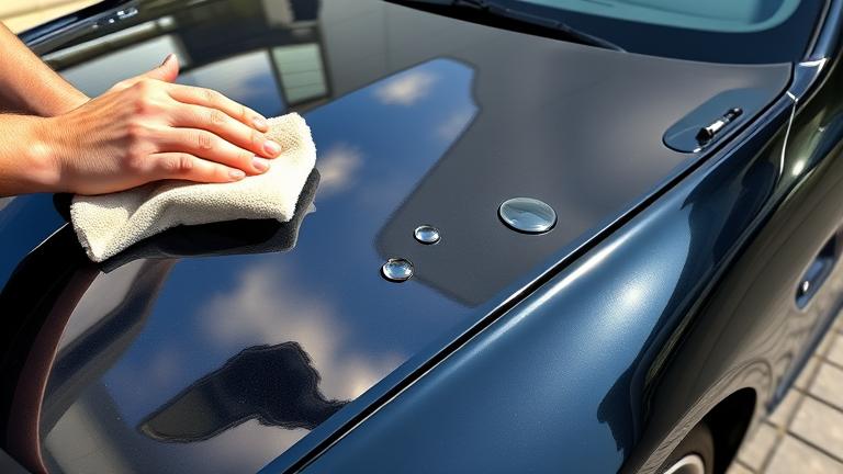 alt_text: Person removing water spots from a shiny car, showing the cleaning process and glossy finish.