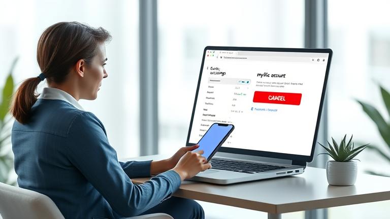 User cancels myFICO account via app, with screen alerts and a focused, concerned look.