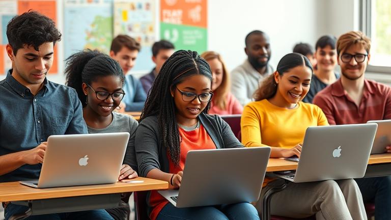 alt_text: Diverse students confidently manage Google Classroom on devices with teacher guidance and bright colors.