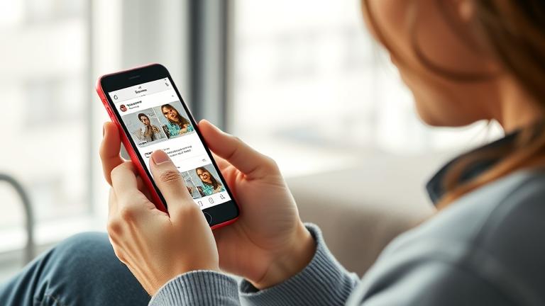 alt_text: Person viewing Instagram comments on smartphone in a vibrant, casual setting.