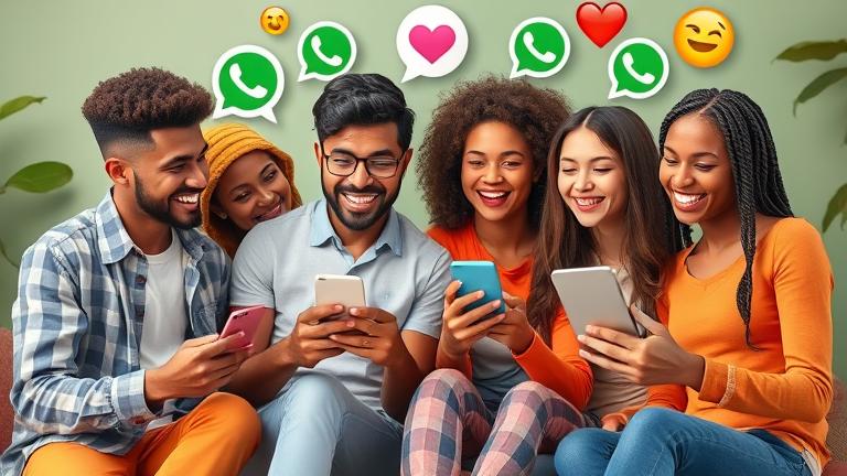 alt_text: Diverse friends enjoying fun on their phones with emojis, chat bubbles, and lively backgrounds.