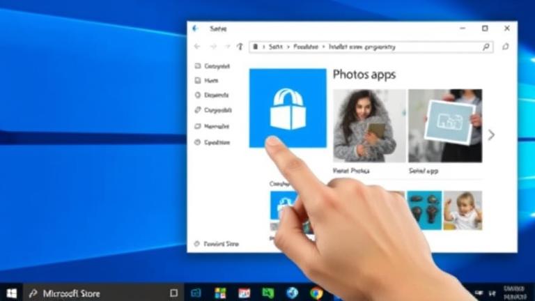 alt_text: Windows 10 desktop with Microsoft Store open, showing Photos app installation step.