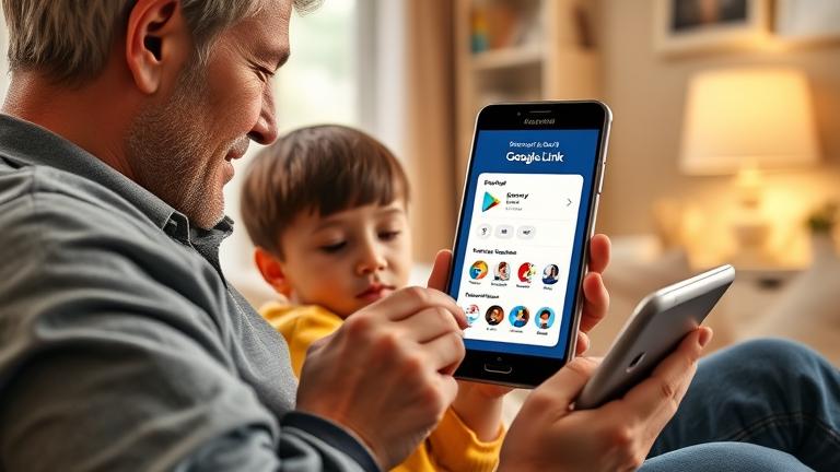 alt_text: Parent and child using a tablet with Family Link app and Google Play gift card at home.