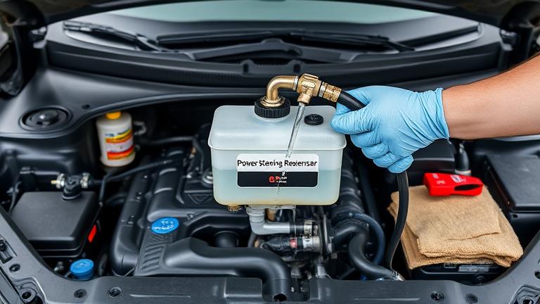 alt_text: Realistic scene of a person cleaning a labeled power steering reservoir in a car engine bay.