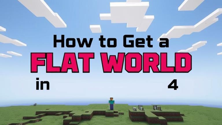 alt_text: Minecraft PS4 flat world with structures, player, and tutorial text overlay.