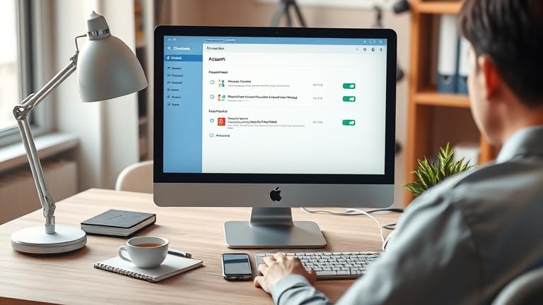 alt_text: Professional workspace with a computer showing account management options, nearby smartphone, notepad, and coffee.