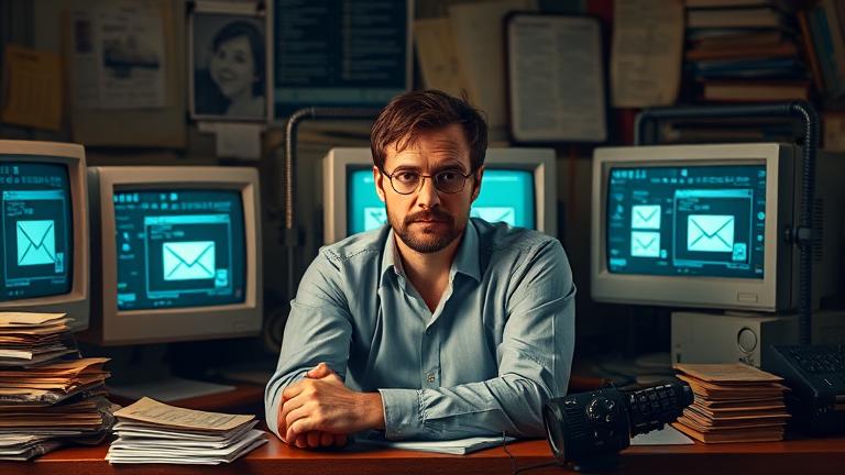 alt_text: Person at desk with vintage computers, searching for old deleted emails with focused resolve.