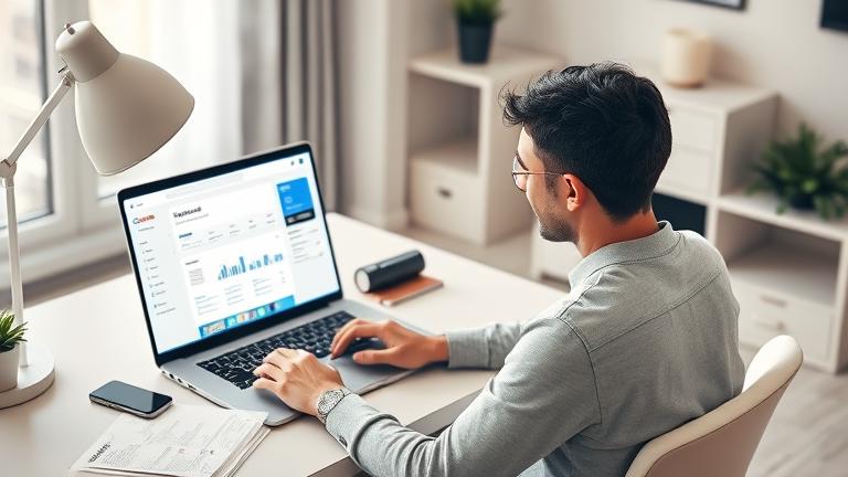 alt_text: Person managing AdSense on laptop in modern home office with documents and phone.