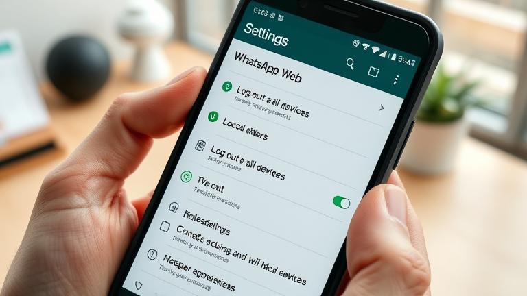 alt_text: Smartphone screen showing WhatsApp Web settings with "Log out from all devices" highlighted.