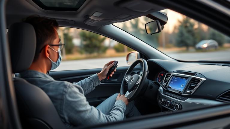 alt_text: Person in car ignition accessory mode with dashboard indicators, in a peaceful parking lot.