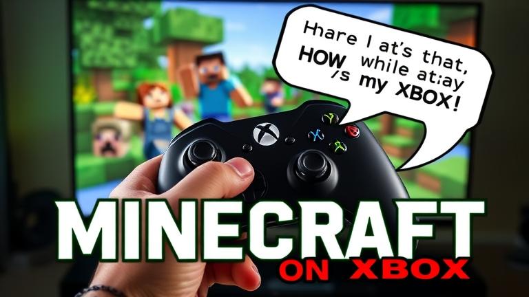 alt_text: Person with Xbox controller, Minecraft scenes, chat bubble, and console in vibrant gaming style.