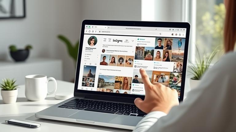 alt_text: User browsing Instagram on a laptop, clicking to swipe through photos in a sleek, modern setup.